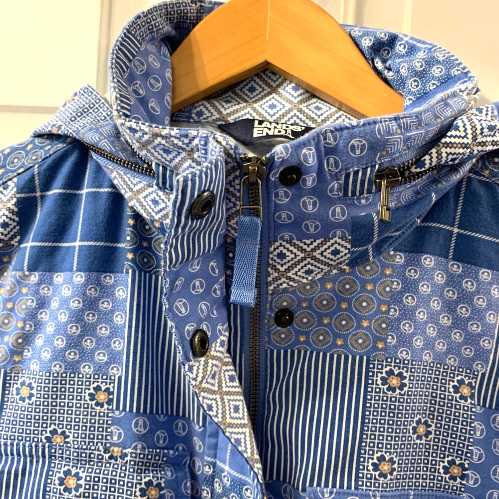 Lands End Hooded Cargo Jacket Blue Patchwork Medium Petite - Picture 5 of 14